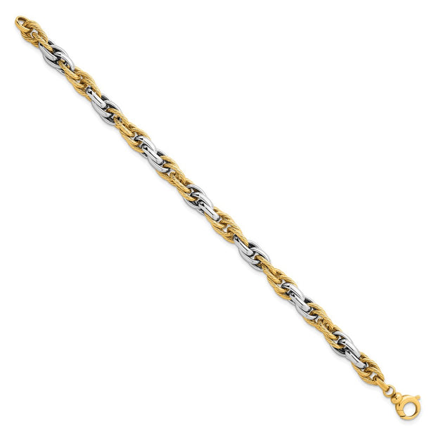 14k Two-tone Polished and Twisted 6.5mm Lightweight Fancy Rope Link Bracelet