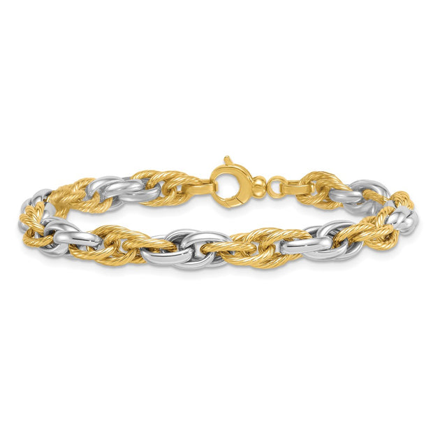 14k Two-tone Polished and Twisted 6.5mm Lightweight Fancy Rope Link Bracelet