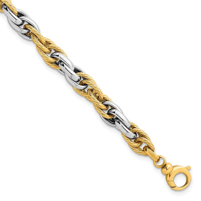 14k Two-tone Polished and Twisted 6.5mm Lightweight Fancy Rope Link Bracelet