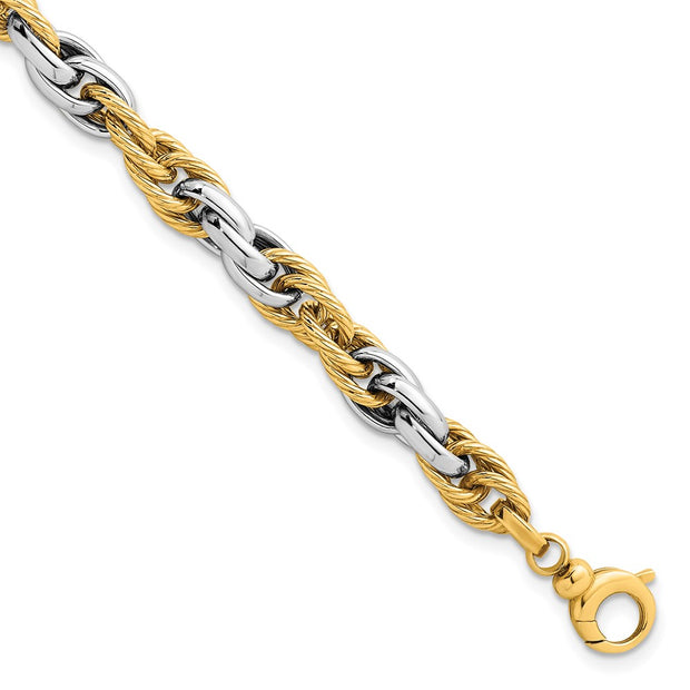 14k Two-tone Polished and Twisted 6.5mm Lightweight Fancy Rope Link Bracelet