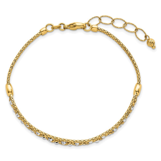 14k Two-Tone Textured Diamond-cut 7mm Beaded Bracelet Plus Extender