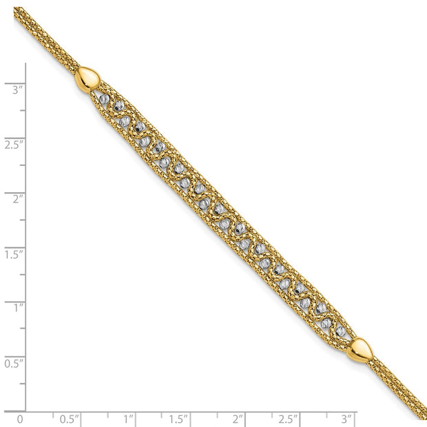 14k Two-Tone Textured Diamond-cut 7mm Beaded Bracelet Plus Extender
