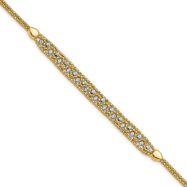 14k Two-Tone Textured Diamond-cut 7mm Beaded Bracelet Plus Extender