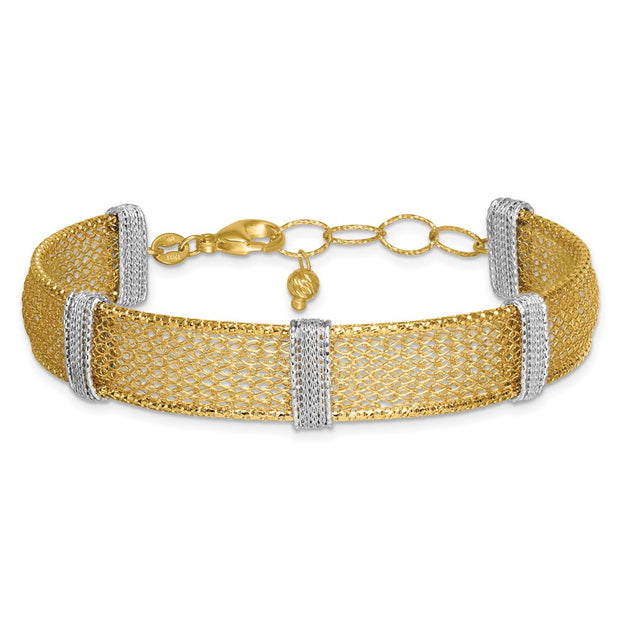 14k Two-tone Textured 10.6mm Mesh Bracelet Plus Extender