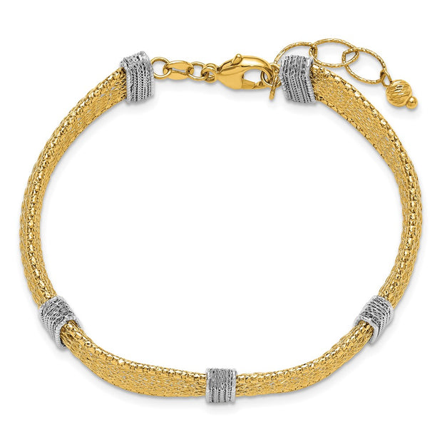 14k Two-tone Textured 10.6mm Mesh Bracelet Plus Extender
