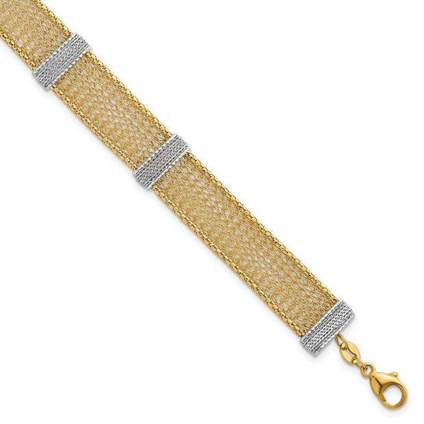 14k Two-tone Textured 10.6mm Mesh Bracelet Plus Extender