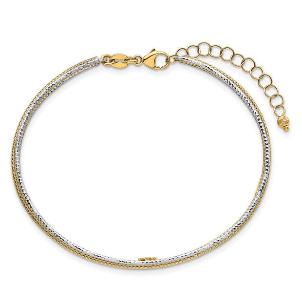 14k Two-Tone Textured Woven 5mm Flexible Bangle Bracelet Plus Extender