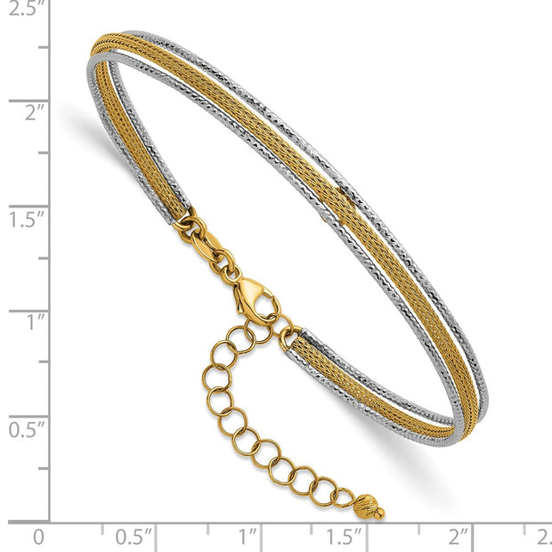 14k Two-Tone Textured Woven 5mm Flexible Bangle Bracelet Plus Extender