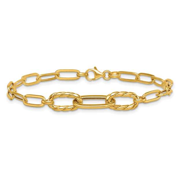 14K Polished Fancy Oval and Twisted Link Paperclip Bracelet
