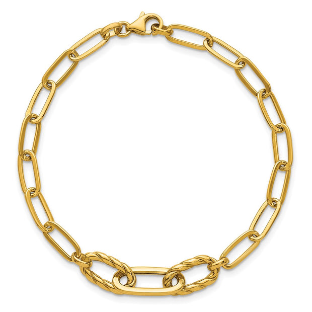 14K Polished Fancy Oval and Twisted Link Paperclip Bracelet