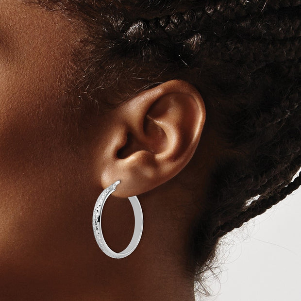 14k White Gold Diamond-cut Hoop Earrings