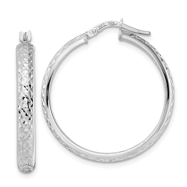 14k White Gold Diamond-cut Hoop Earrings