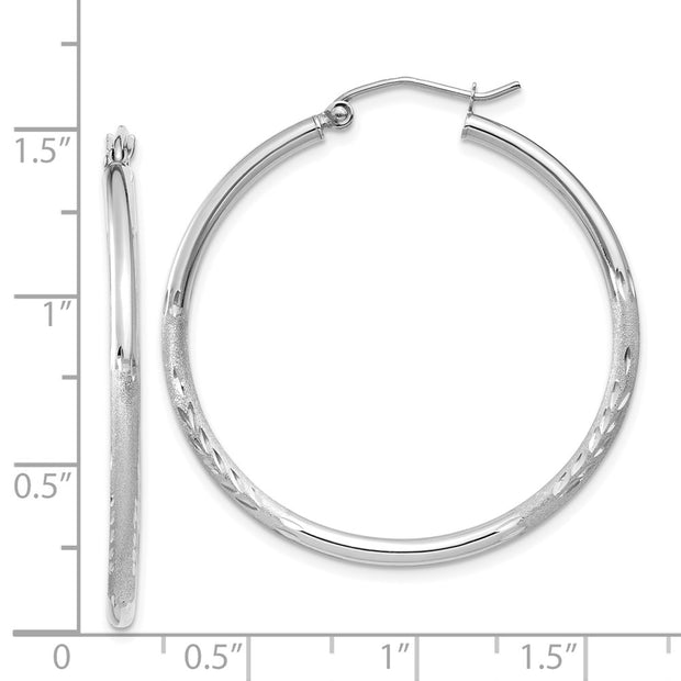 14k White Gold Satin and Diamond-cut 2mm Round Hoop Earrings