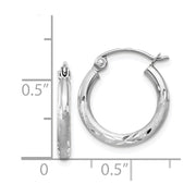 14k White Gold Satin and Diamond-cut 2mm Round Hoop Earrings