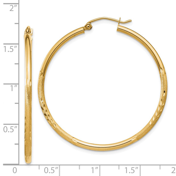 14k Satin and Diamond-cut 2mm Round Tube Hoop Earrings