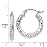 14k White Gold Diamond-cut 3mm Round Hoop Earrings