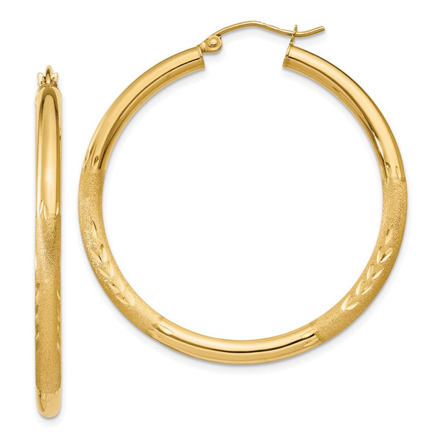 14k Satin and Diamond-cut 3mm Round Hoop Earrings