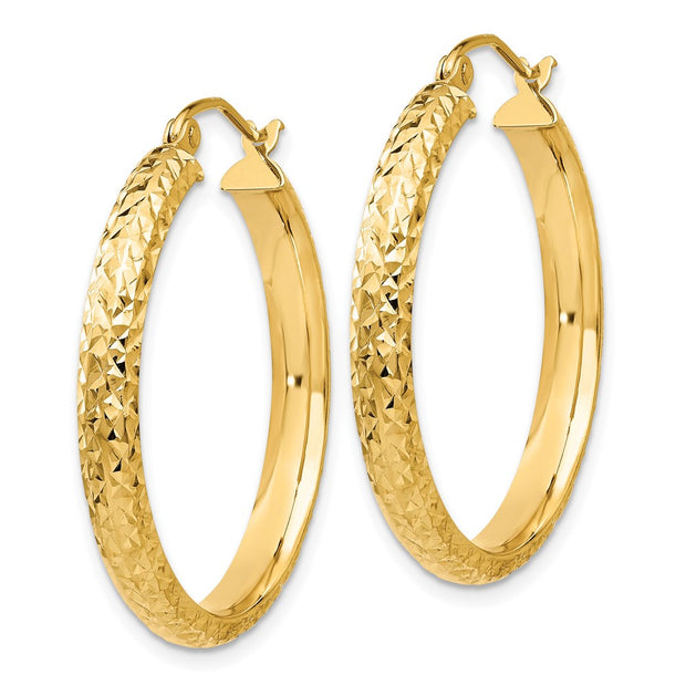 14K Diamond-cut 3.5x28mm Hollow Hoop Earrings