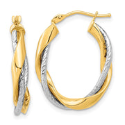 14k Two-tone Polished Rope Twisted Oval Hoop Earrings