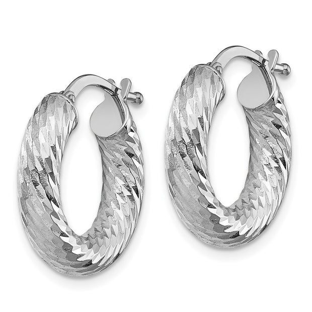 14k 4x10mm White Gold Diamond-cut Round Hoop Earrings