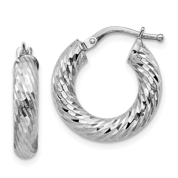 14k 4x10mm White Gold Diamond-cut Round Hoop Earrings