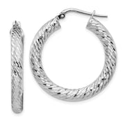 14k 4x20mm White Gold Diamond-cut Round Hoop Earrings