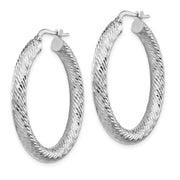 14k 4x25mm White Gold Diamond-cut Round Hoop Earrings