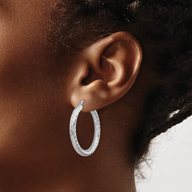 14k 4x25mm White Gold Diamond-cut Round Hoop Earrings