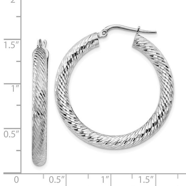 14k 4x25mm White Gold Diamond-cut Round Hoop Earrings