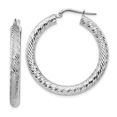 14k 4x25mm White Gold Diamond-cut Round Hoop Earrings
