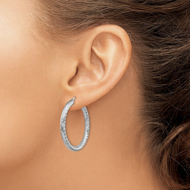 14k 4x30mm White Gold Diamond-cut Round Hoop Earrings