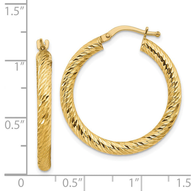 14k 3x20mm Diamond-cut Round Hoop Earrings
