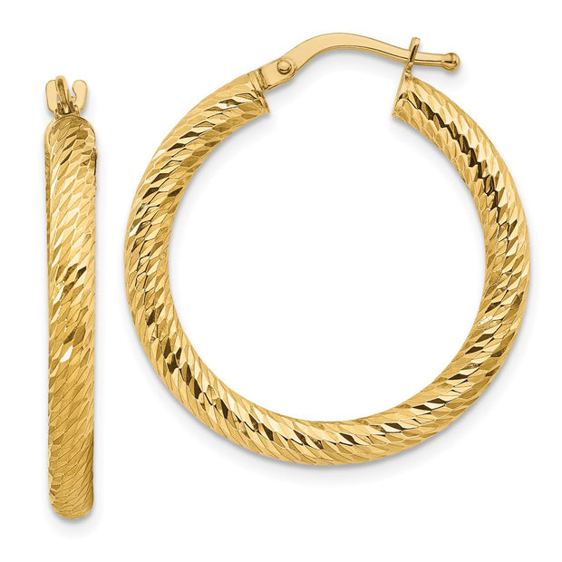 14k 3x20mm Diamond-cut Round Hoop Earrings