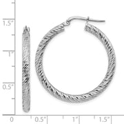14k 3x25mm White Gold Diamond-cut Round Hoop Earrings