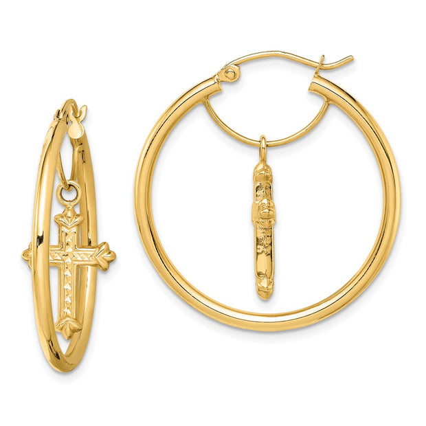 14k with D/C Cross Dangle Hoop Earrings