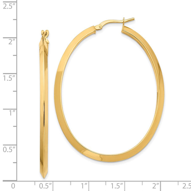 14K Large 3mm Knife Edge Oval Hoop Earrings