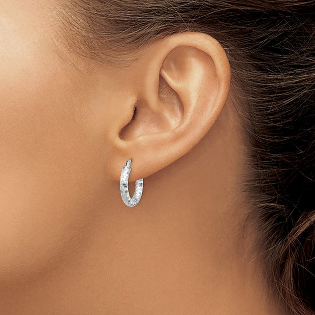 14k White Gold 3x10mm Diamond-cut Hoop Earrings