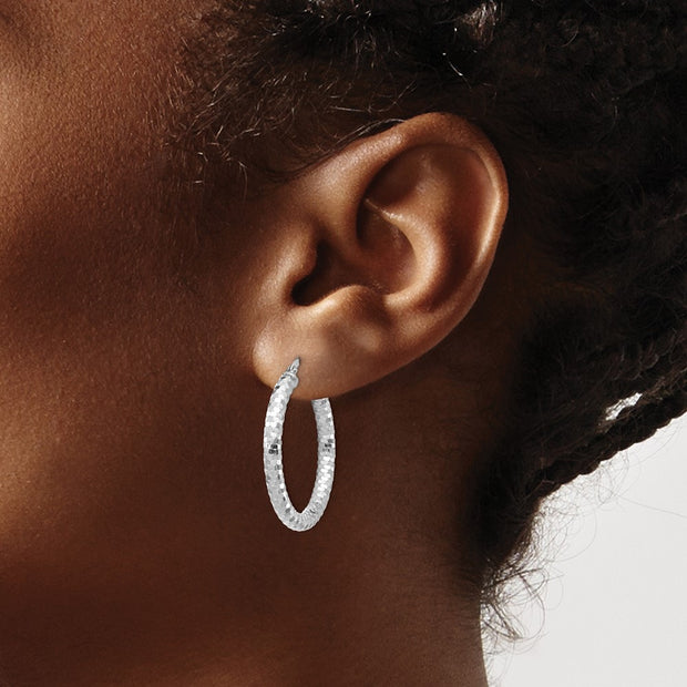 14k White Gold 3x27mm Diamond-cut Hoop Earrings