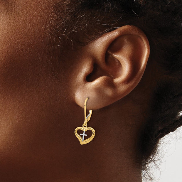 14K Two-tone Polished Cross in Heart Leverback Dangle Earrings