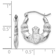14k White Gold Satin and Diamond-cut Claddagh Hoop Earrings