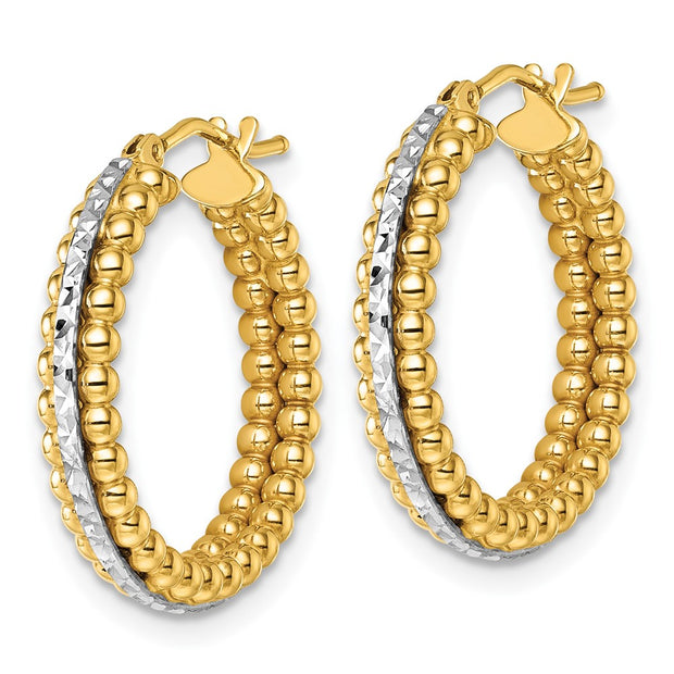 14k Two Tone Polished and Diamond-cut Beaded Hoop Earrings