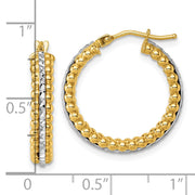 14k Two Tone Polished and Diamond-cut Beaded Hoop Earrings