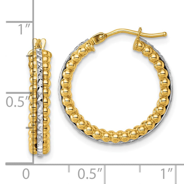 14k Two Tone Polished and Diamond-cut Beaded Hoop Earrings