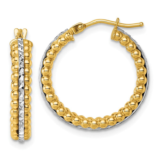 14k Two Tone Polished and Diamond-cut Beaded Hoop Earrings