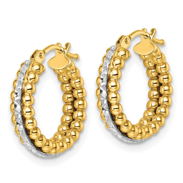 14k Two Tone Polished and Diamond-cut Beaded Hoop Earrings