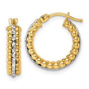 14k Two Tone Polished and Diamond-cut Beaded Hoop Earrings