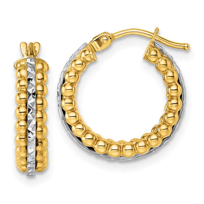 14k Two Tone Polished and Diamond-cut Beaded Hoop Earrings