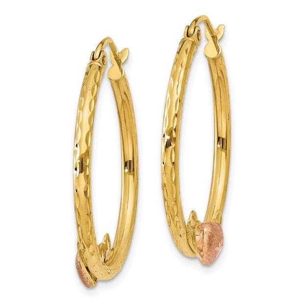14K & Rose Heart D/C Hoop Earrings