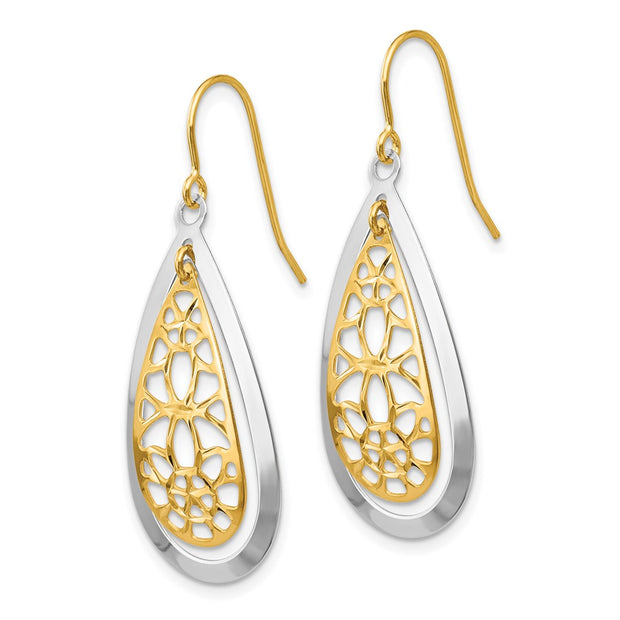 14k Two-tone Diamond Cut Polished Fancy Dangle Earrings