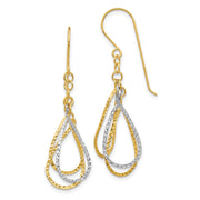 14K Two-tone Diamond Cut Tear Drop Shepherd Hook Earrings